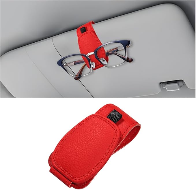 Zpana Sunglasses Holders for Car Sun Visor, Leather Magnetic Vehicle Sun Glasses Ticket Card Hanger Clip, Automotive Interior Eyeglass Mount Accessories, Universal for SUV Sedan Truck (Red)