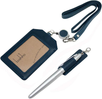 Office Badge Holder - Boshiho Genuine Leather Credit ID Card Holder with Stretch Neck Lanyard Vertical Style (Blue)
