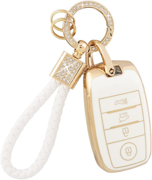 PIFOOG Key Fob Cover for Kia Optima Soul Sportage Sorento Forte Rio Niro Accessories Bling Keychain Soft TPU Car Keys Case Shell 4 Buttons Protector Girly Women Cute White Gold