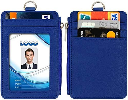 Badge Holder with Zipper, Life-Mate PU Leather ID Badge Card Holder Wallet Case with 5 Card Slots Zipper Pocket 19" Polyester Neck Lanyard Heavy Duty Metal Retractable Badge Reel (Blue)