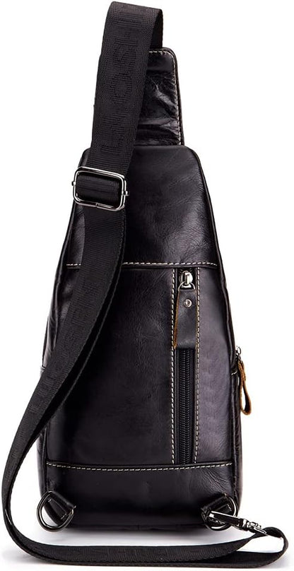 Hebetag Leather Sling Bag Crossbody Backpack for Men Women Outdoor Travel Camping Hiking Shoulder Chest Day Pack Casual Daypack, Black