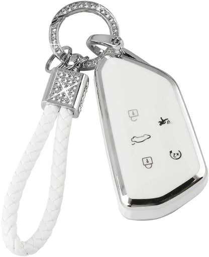PIFOOG Key Fob Cover for VW Volkswagen ID4 Golf GTI R 2022 2023 Accessories TPU 5 Buttons Car Keys Case Shell Protector Bling Keychain Girly Women White Silver