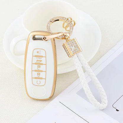 PIFOOG for Rogue Key Fob Cover 5 Buttons 2023 Pathfinder SL Platinum Car Key Case Shell Bling Keychain Lanyard Protector Protection Accessories Women Girly Cute White Gold TPU