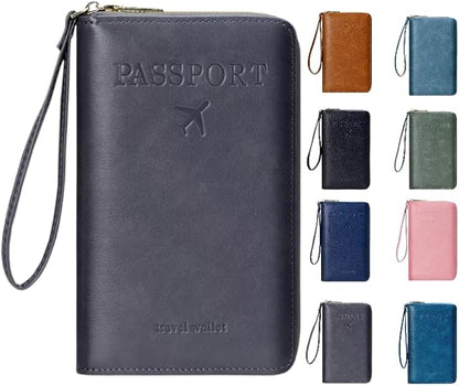 Multi-Functional RFID Passport Wallet,Travel Wallet for Men & Women,With zipper, anti-theft passport holder，Slim Leather Cover for Credit Cards, Tickets, Cash (Grey)