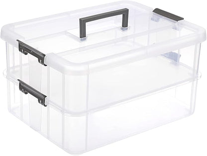 JUXYES 2-Tiers Stack Carry Storage Box With Handle, Transparent Stackable Storage Bin With Handle Lid Latching Storage Container for School & Office Supplies