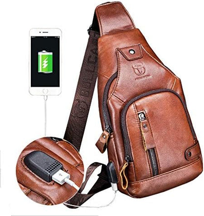 Hebetag Leather Sling Bag Hiking Daypack for Men Women Outdoor Travel Camping Fishing Crossbody Shoulder Chest Pack Backpack