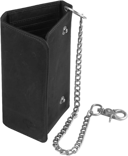 IBRO VINTAGE Motorcycle Chain Wallet for Men – Premium Cowhide Leather, RFID Tri-Fold Biker Wallet with Heavy Duty Chain for Bikers Truckers & Hunters, Credit Card Money Organizer Long Wallet | Long Trifold, RFID Blocking, Men's, Trucker Biker