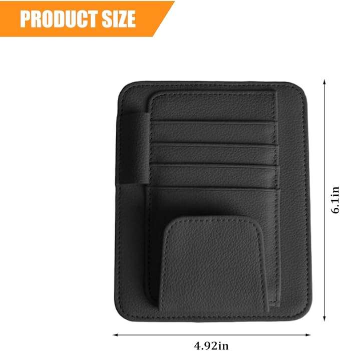 Car Sun Visor Organizer, PU Leather Vehicle Visor Document Storage Pocket for Sunglass Card Pen, Multifunctional Automotive Interior Holder Accessories, Universal Fit (Black)