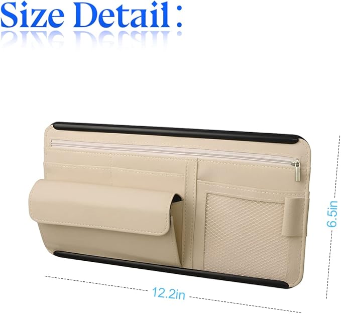 Car Sun Visor Organizer, Car Visor Pocket Wallet Pouch Holder, Vehicle Sunshade Glasses Case Storage Bag with Multi-Pocket Net Zipper, Auto Interior Accessories Universal for SUV Truck Van (Beige)