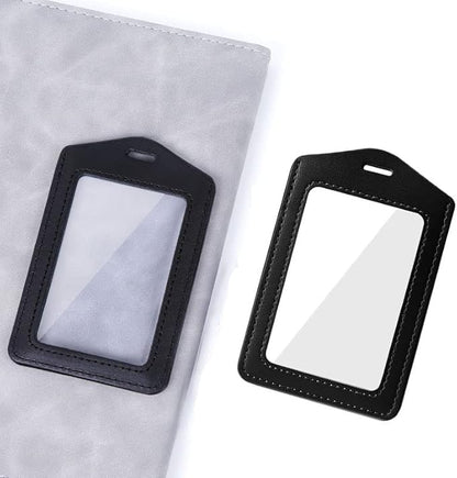 Larpur 2 Pack Leather Badge Holders, Double Sided Clear ID Badge Holder Vertical Card Holders for Work, School, Office (Black)