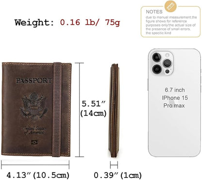 CONTACTS Full Grain Leather Passport Holder for 2 RFID Blocking Travel Passport Wallet Compatible with Airtag Passport Cover Case for 2 Passports, 5 Card Slots with Logo