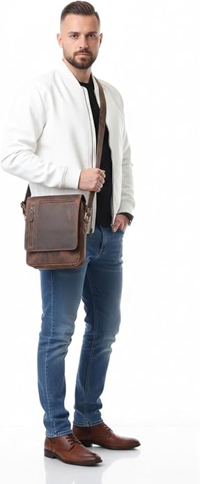 Small Leather Crossbody Bag for Men - Leather Shoulder Bag & Mens Satchel Bags - Leather Messenger Bag for iPad - Man Purse Side Bag