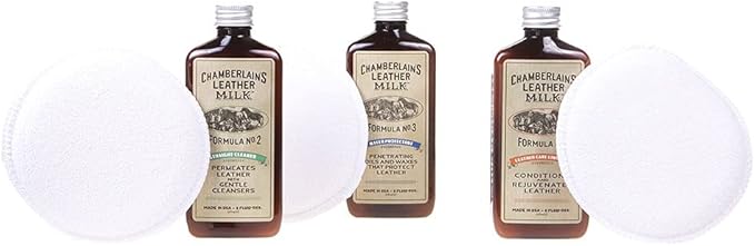 Leather Milk Leather Restoration Kit. Leather Cleaner, Conditioner, and Water Protector - No. 1-3 Leather Care Kit - All Natural, Non-Toxic. 2 Sizes. Made in The USA. Includes 3 Restoration Pads!