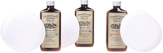 Leather Milk Leather Restoration Kit. Leather Cleaner, Conditioner, and Water Protector - No. 1-3 Leather Care Kit - All Natural, Non-Toxic. 2 Sizes. Made in The USA. Includes 3 Restoration Pads!
