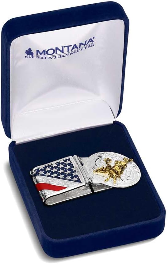 Montana Silversmiths Made in the USA Western Lifestyle Money Clip (American Made Liberty Hinged w/Bull Rider)