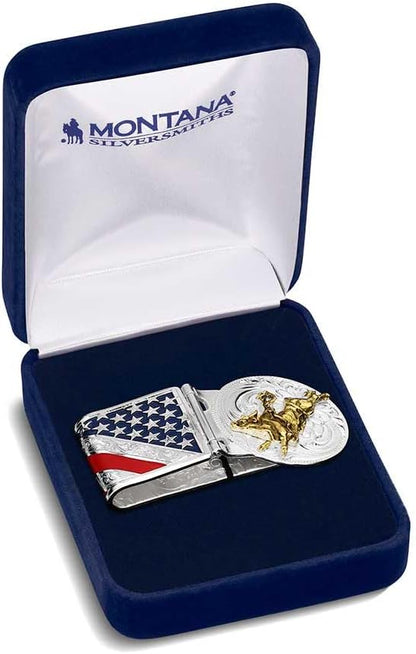 Montana Silversmiths Made in the USA Western Lifestyle Money Clip (American Made Liberty Hinged w/Bull Rider)