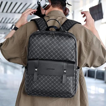 Retro men's business plaid backpack can hold a 15.6-inch laptop, women's stylish travel waterproof leather backpack. (Black circle-16.1inch)