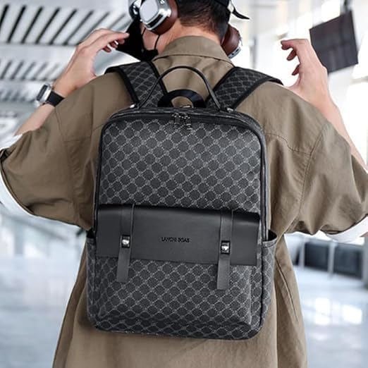 Retro men's business plaid backpack can hold a 15.6-inch laptop, women's stylish travel waterproof leather backpack. (brown cicle-16.1inch)