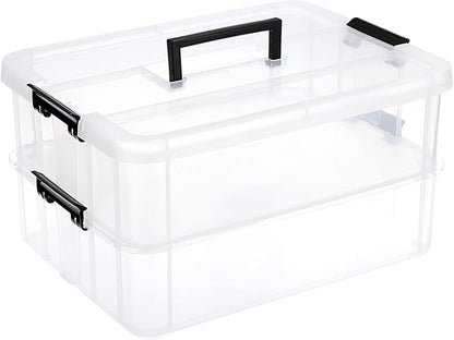 JUXYES 2-Tiers Stack Carry Storage Box With Handle, Transparent Stackable Storage Bin With Handle Lid Latching Storage Container for School & Office Supplies