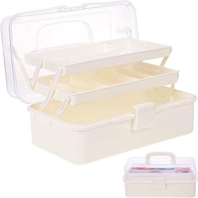 Plastic Tool Box with Handle 3-Layer Craft Organizers Tackle Box Multipurpose Portable Folding Toolbox for Sewing Supplies, Medicine, Art Supplies, Nails and Hair Accessories White 12.5inch