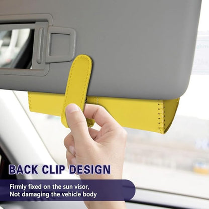 Sunglasses Holder for Car Sun Visor, Sunglass Organizer for Car, Magnetic Leather Eyeglasses Protective Storage Case, Waterproof Glasses Organizer Visor Accessories for Vehicles (Yellow)