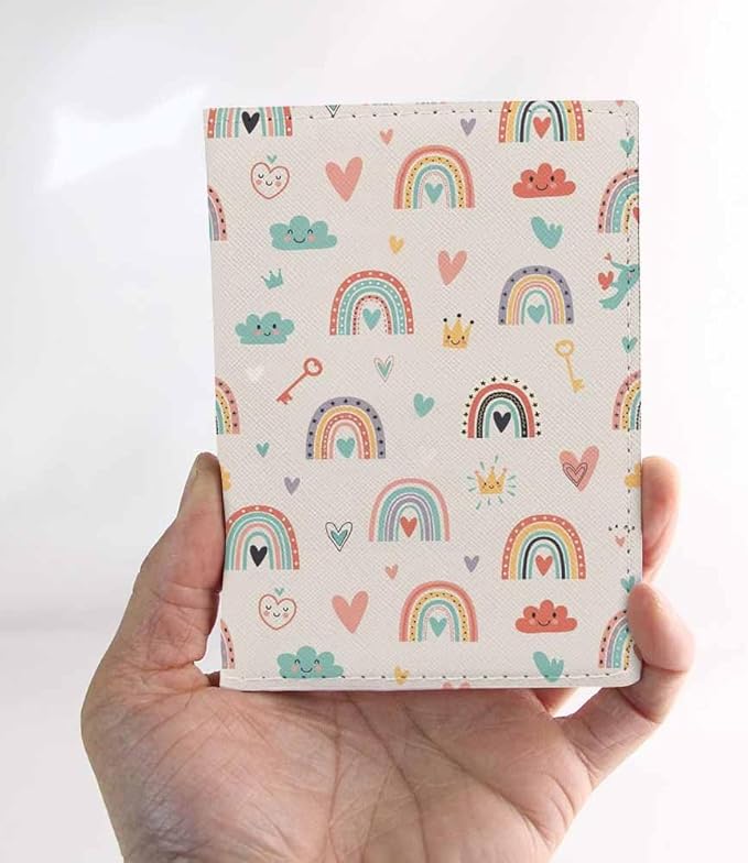 Magic Rainbows Passport Holder for Travel Smiling Heart Key Crown PU Leather Passport Cover Wallet Cute Passport Card Holder for Women and Men