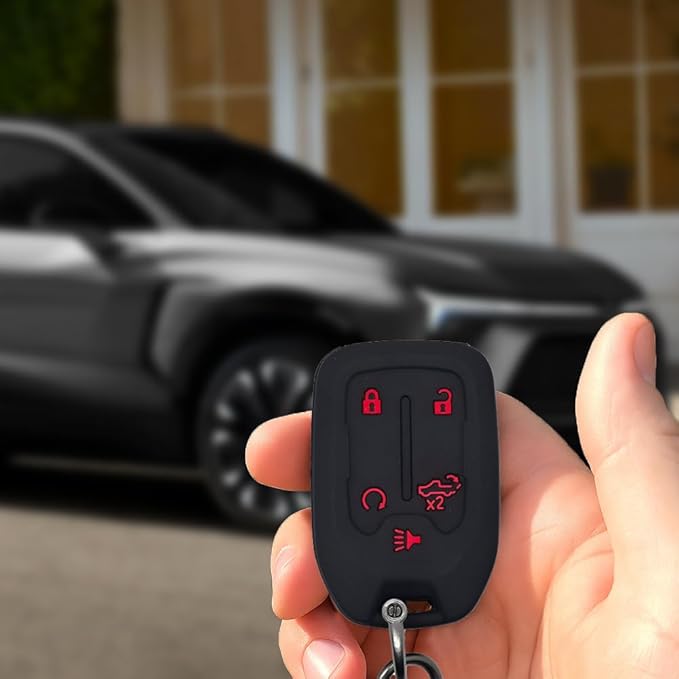 Autobase Silicone Chevrolet Key Fob Cover 2Pc 2023 2022 2021 2020 2019 GMC Sierra Chevy Silverado 1500 2500HD 3500HD, 5 Button Remote Protector Chevy Key Fob Cover Protective Shell Replacement (Black)