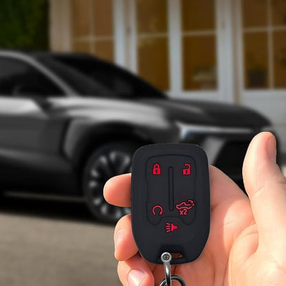 Autobase Silicone Chevrolet Key Fob Cover 2Pc 2023 2022 2021 2020 2019 GMC Sierra Chevy Silverado 1500 2500HD 3500HD, 5 Button Remote Protector Chevy Key Fob Cover Protective Shell Replacement (Black)