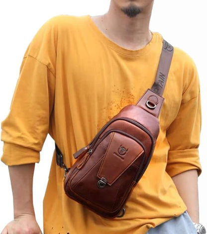 Hebetag Leather Sling Bag Crossbody Backpack for Men Women Outdoor Travel Work Shoulder Chest Pouch Camping Casual Daypack Coffee 18cm(W) x8cm(D) x30cm(H)(7.08"x3.14"x11.81") approx;
