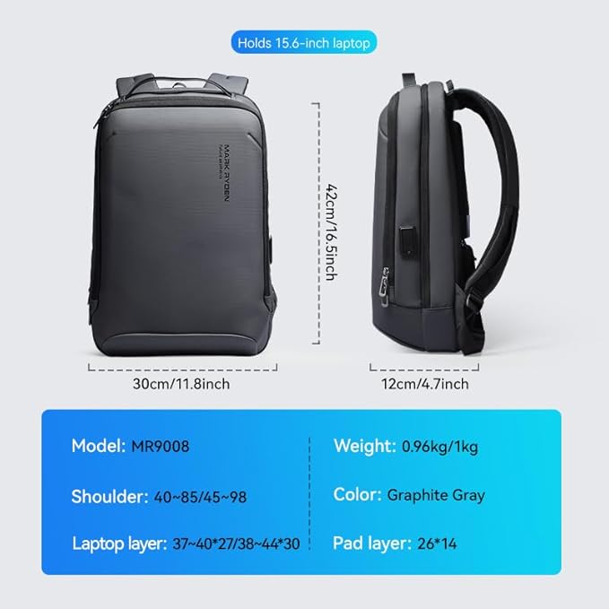 MARK RYDEN Slim Laptop Backpack for Men, High Tech Backpack with Scratch Resistant Shell and USB Charging Port, Waterproof Business Backpack Ideal for Working, Commuting, Daily (20L for 15.6" Laptop)