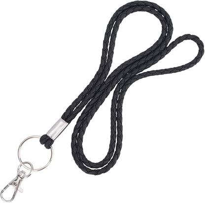 32.68 Inch PU Braided Leather Lanyard Strap Keychain Handmade Strong Office Long Neck Strap with Metal Clasp Wristlet Bracelet Necklace Badge Keychain Cord for ID Card Holder Keys (Black)