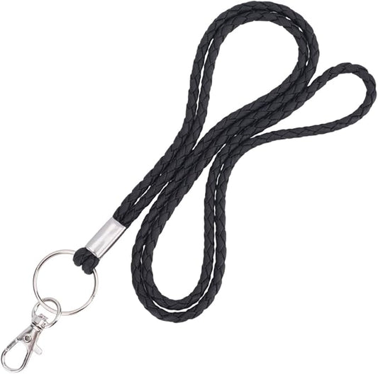 32.68 Inch PU Braided Leather Lanyard Strap Keychain Handmade Strong Office Long Neck Strap with Metal Clasp Wristlet Bracelet Necklace Badge Keychain Cord for ID Card Holder Keys (Black)