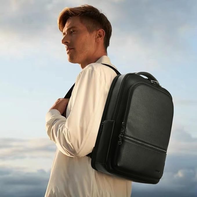 BOPai Genuine Leather Backpack for Men Multi-Function 15.6 inch Laptop Premium Executive Business Travel Friendly Smart Rucksack Anti Theft Large Capacity Office Classic Black