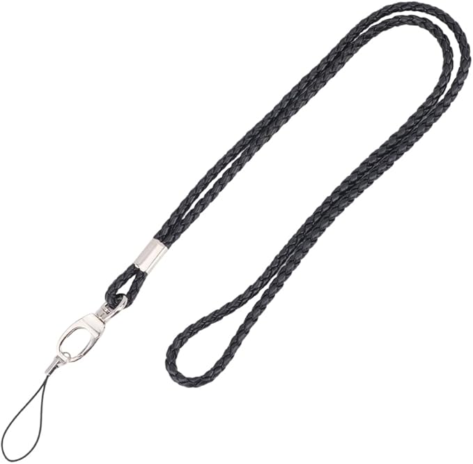 PU Leather Lanyard Strap Keychain 33.86 Inch Braided Office Long Neck Cord with Metal Clasp Handmade Necklace Badge Lanyards Wristlet Bracelet Keychain for ID Card Holder Keys (Black)