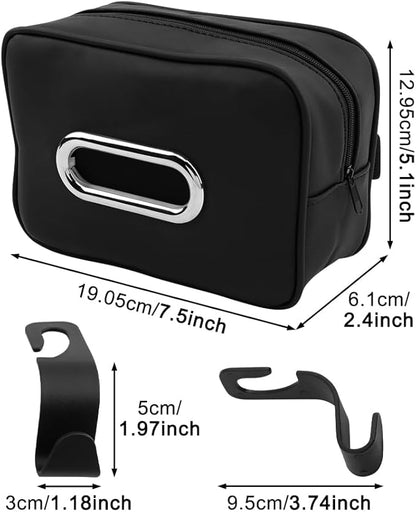 Car Tissue Box Holder, Backseat Rectangular Napkin Holder with 4 Hooks, Small 7.5in PU Leather Napkin Organizer with Metal Ring for Easy Pulling, Fits Headrest, Dashboard & Sun Visor(Color:Black)