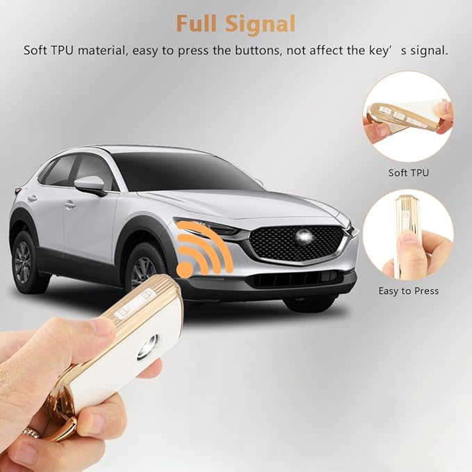 PIFOOG Key Fob Cover for Mazda 4 Buttons White Gold TPU Car Keys Case Shell Protector Bling Keychain Ring for Mazda 3 6 CX5 CX9 CX30 CX50 MX5 Smart Key Accessories Girly Women Cute