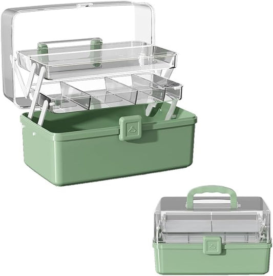 12.9in Three-Layer Multipurpose Storage Box with Handle Portable Tackle Box Folding Art & Craft Case Sewing Supplies Organizer for Makeup, Medicine, Nail, Hair Accessories (Haze Green)