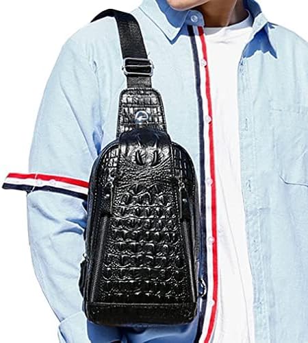 Hebetag Crocodile Genuine Leather Sling Bag Backpack for Men Travel Outdoor Hunting Hiking Camping Crossbody Shoulder Chest Pack Daypack Black