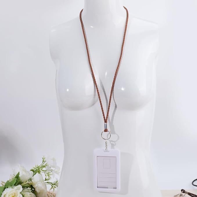 PU Leather Braided Lanyard Strap for ID Badge with Metal Clip 32.68 Inch Handmade Necklace Lanyards Office Neck Long Strap Wristlet Bracelet Keychain Cord for Card Holder Keys(Coconut Brown)