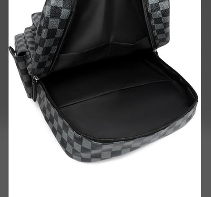 Retro men's business plaid backpack can hold a 15.6-inch laptop, women's stylish travel waterproof leather backpack. (black-16.3inch)