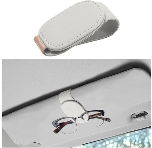 Car Sunglass Holder, Magnetic Leather Vehicle Sun Visor Eyeglass Hanger Clip, Automotive Interior Sunglass Ticket Card Organizer Mount Accessories, Universal for Most Cars (White)