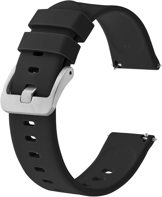 BISONSTRAP Silicone Watch Bands, Slim Watch Straps with Quick Release, 21mm, Black with Silver Buckle