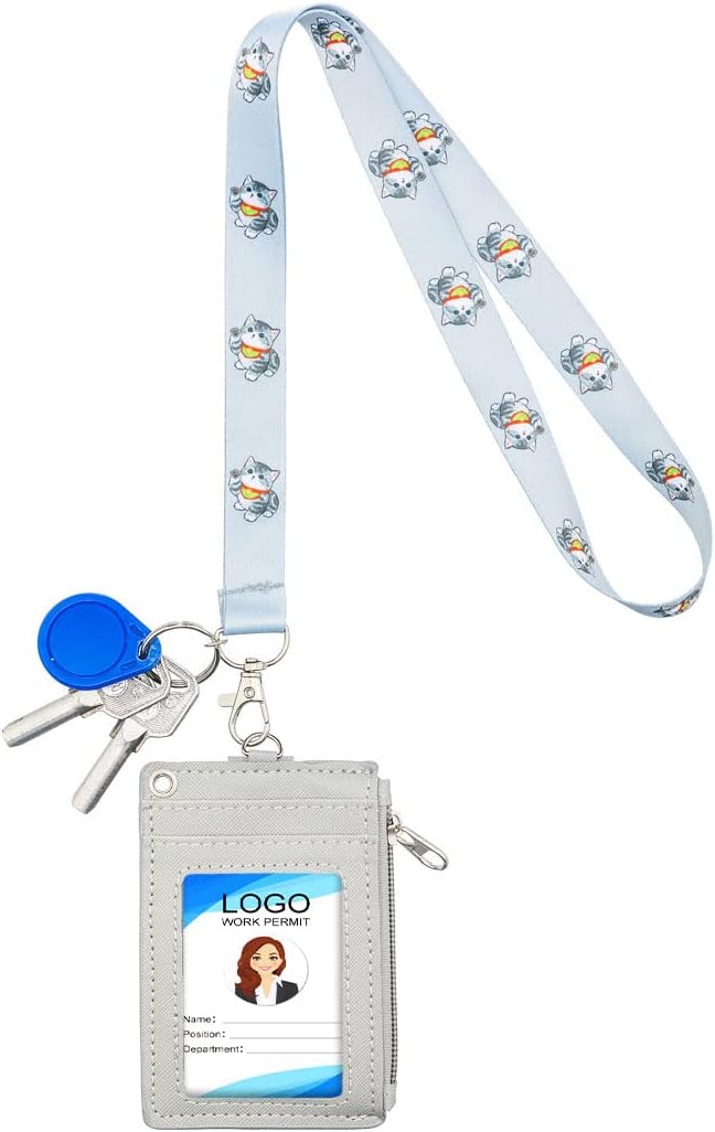 HASFINE ID Badge Holder with Cute Cat Character Design PU Leather ID Card Wallet, 2-Sided 5 Card Slots, Zippered Pocket, Detachable Keychain Lanyard for Teachers, Students, Nurses, Office Staff