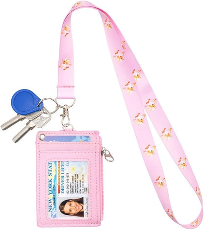 HASFINE ID Badge Holder with Cute Angel Character Design PU Leather ID Card Wallet, 2-Sided 5 Card Slots, Zippered Pocket, Detachable Keychain Lanyard for Teachers, Students, Nurses, Office Staff