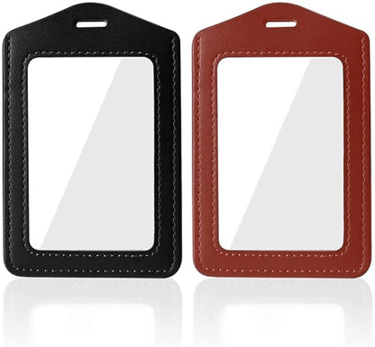 Larpur Pack of 2 Genuine Leather ID Badge Holders, Vertical ID Card Holders with Clear ID Window, Suit for Office, Staff, Students, Employees