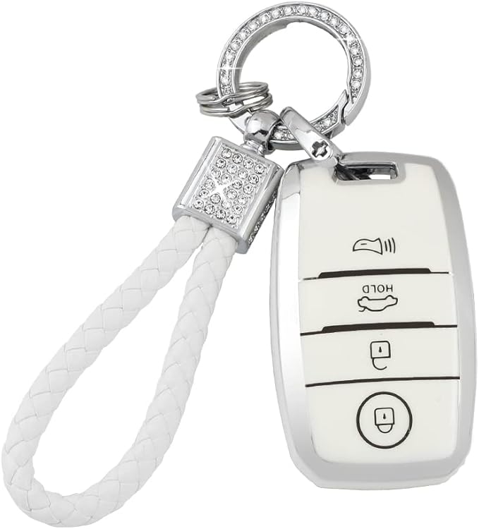 PIFOOG White Key Fob Cover for Kia Niro Forte Optima Sorento Rio Soul Sportage Accessories Soft TPU Car Keys Shells Cases 4 Button Full Covers Protector Keychain Girly Women