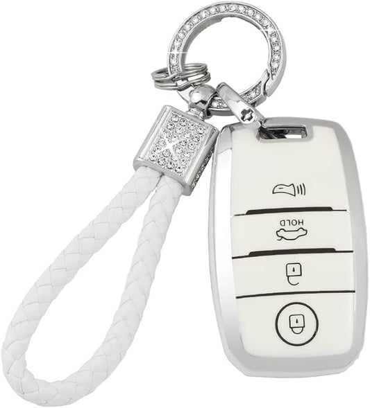 PIFOOG White Key Fob Cover for Kia Niro Forte Optima Sorento Rio Soul Sportage Accessories Soft TPU Car Keys Shells Cases 4 Button Full Covers Protector Keychain Girly Women