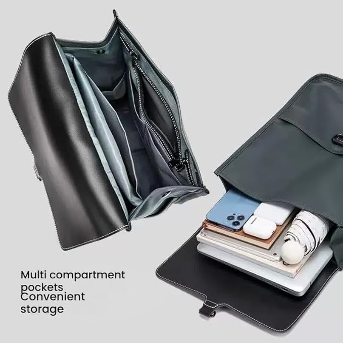 Multi-Compartment Laptop Backpack, PU Leather, Black, with Reinforced Handle and Multiple Storage Pockets