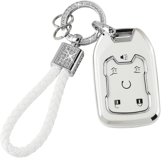 PIFOOG Key Cover for Chevy TPU Soft Car Keys Shell Protector with Glittering Car Keychain Accessories for Suburban Tahoe GMC Yukon Key Fob Girly Women Men White