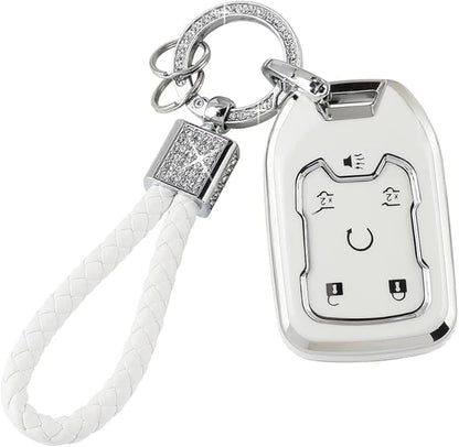 PIFOOG Key Cover for Chevy TPU Soft Car Keys Shell Protector with Glittering Car Keychain Accessories for Suburban Tahoe GMC Yukon Key Fob Girly Women Men White
